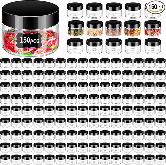 Aoriher 150 Pcs Plastic Container Jars with Lids Round Cosmetic Jars Empty Plastic Container for Lotion, Cream, Ointments, Makeup, Eye Shadow, Rhinestone, Samples, Pot, Travel Storage(4 oz,Black)