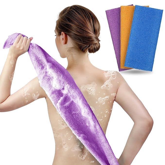 ARCH&M Exfoliating Washcloth Body Scrubber Back Scrubber for Shower Japanese Beauty Washcloth Bath Wash Cloth Korean Exfoliation Luffah Towel Net Sponge Loofah Scrub 3 Pack (Orange Purple Navy-Blue)