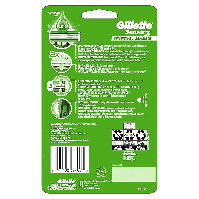 Gillette Sensor3 Sensitive Men's Disposable Razor, 12 Razors