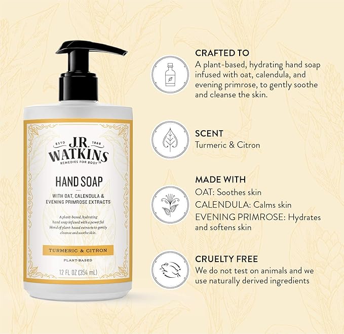J. R. Watkins Moisturizing Gel Hand Soap, Turmeric & Citron, Plant-Based Ingredients, 12 oz Pump