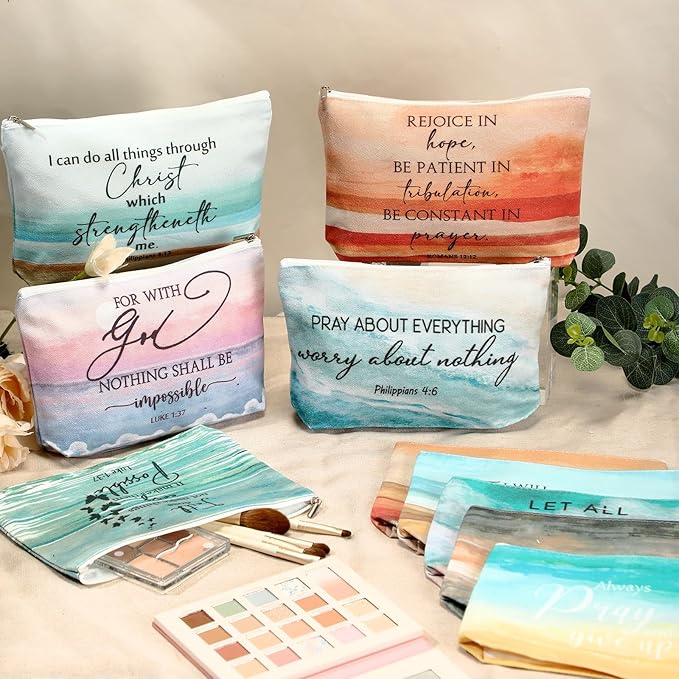 10Pcs Christian Gifts for Women Religious Cosmetic Bags Inspirational Bible Verse Pencil Pouch Canvas Makeup Bags Bulk with Zipper for Mother Sister Church Favors