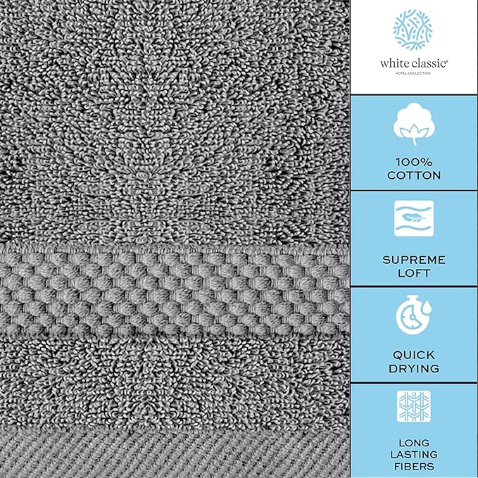 White Classic Light Grey Luxury Cotton Washcloths 12 Pc Set - Large 13x13 Inches Hotel Style Face Towel, High Absorbent Quick Dry Wash Cloths for Home, Spa, Gym, Light Grey, 12 Pack