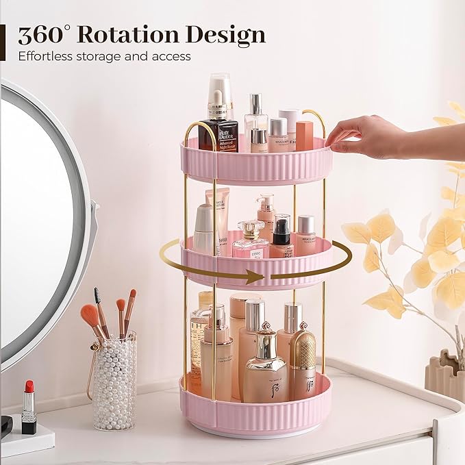 Aveniee 360 Rotating Makeup Organizer for Vanity, Skincare Make Up Organizers Large, Spinning Bathroom Counter Organizer Shelf Holder for Cosmetics, Skin Care, Lipsticks(3 Tiers, Pink)