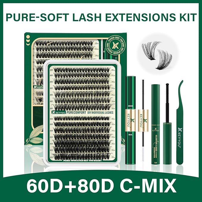 DIY Lash Extension Kit 280pcs Soft Lash Clusters 60D+80D C Curl Easy to use with Lash Bond and Seal Lash Applicator Lash Remover Eyelash Extension Kit at Home(RMkit-60D80D-C-10-18mix)