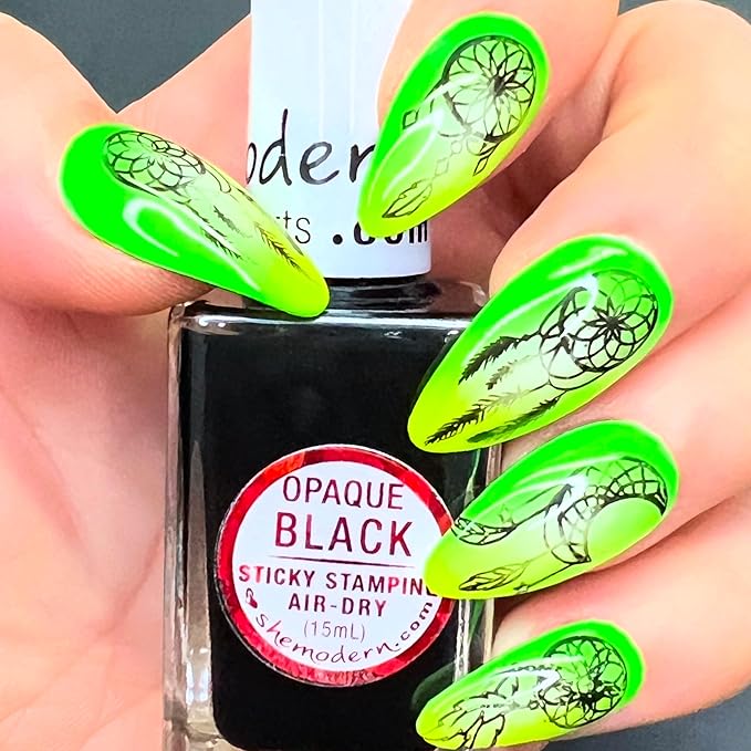 SheModern STICKY BLACK Opaque Stamping Polishes (Set of 3) For Nail Art Design Air Dry Collection. More Transfer Time with Tacky Surface for Easy Adhere of Pigment, Glitter