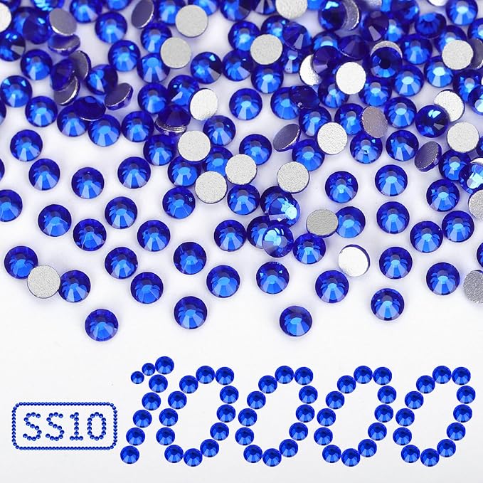 10000PCS Royal Blue Rhinestones Bulk, Flat Back Crystal Glass Stone Round Gems,SS10, 2.7-2.9mm