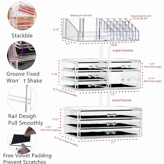 Cq Acrylic 3 Pack Clear Make Up Organizers - Stackable 8 Drawer Organizer for Vanity, Desk, Jewelry, Beauty & Skincare Products