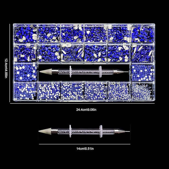 12 Types of Blue 600 Diamonds + 2500 Flat Rhinestones Mix 20 Styles Flatback DIY Crafts Rhinestone Crystals 3D Decorations Flat Back Stones Set + Rhinestone Picker Wax Pen