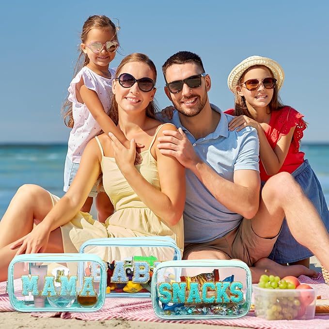 4 Pcs Mama and Baby Toiletry Bag Clear Chenille Letter Pouch Snacks Makeup Stuff Travel Diaper Bag Preppy Transparent Pouch with Zipper for Women Gift(Fresh Color)