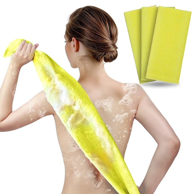 ARCH&M Exfoliating Washcloth Body Scrubber Back Scrubber for Shower Japanese Beauty Washcloth Bath Wash Cloth Korean Exfoliation Luffah Towel Net Sponge Loofah Body Scrub 3 Pack (Yellow x 3)