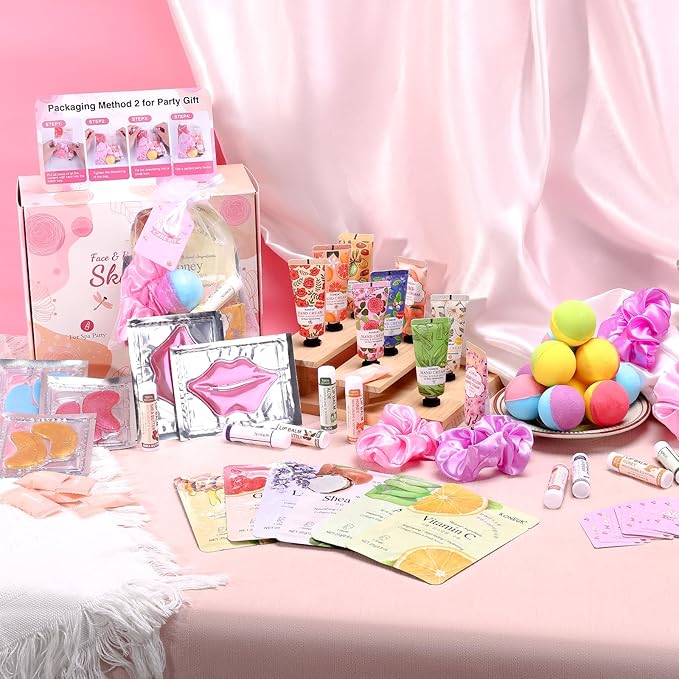 108 PCS Spa Party Supplies for Women, Spa Party Favors Include Face Masks Skincare, Hand Cream, Lip Balm, Under Eye Patches, Lip Mask and Foot Bath Bombs, Spa Birthday Sleepover Party Supplies