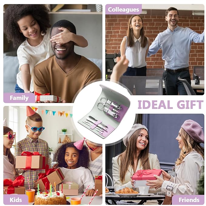 12 Set Manicure Set Bulk Mini Manicure Nail Clipper Kit 7 in 1 Stainless Steel Professional Nail Care Pedicure with Travel Portable Bag Grooming Kits for Women Men Home(Purple)