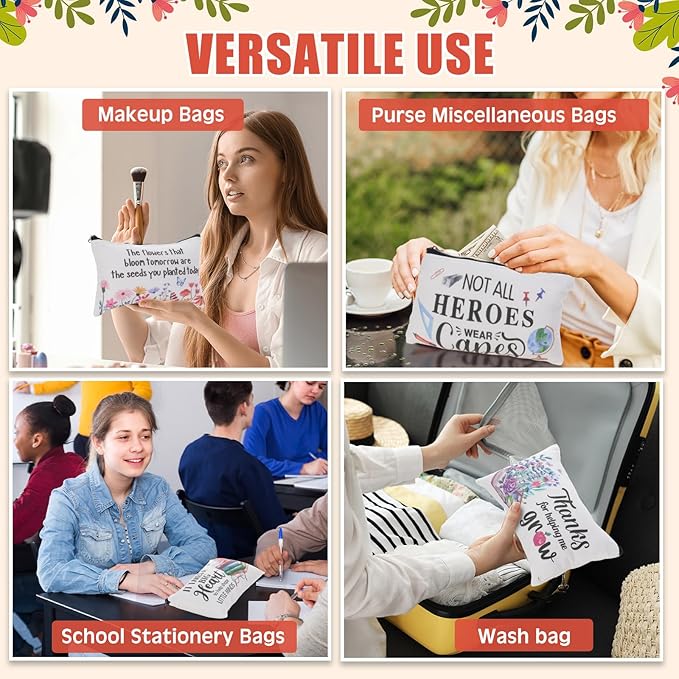 24 Pieces Makeup Bags Bulk Canvas Cosmetic Bags Purse Organizer Zipper Cosmetic Pouch Portable Travel Toiletry Pouch for Women Men Gifts, 7 x 4 Inch (Teacher Thanks)