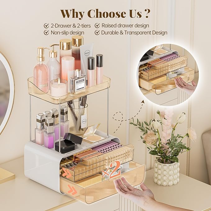 Delamu Bathroom Counter Organizer 2-Drawers 2-Tier Acrylic Makeup Organizer for Vanity Countertop, Skincare Perfume Storage, Easy Assembly, Ideal Gift for Women Amber
