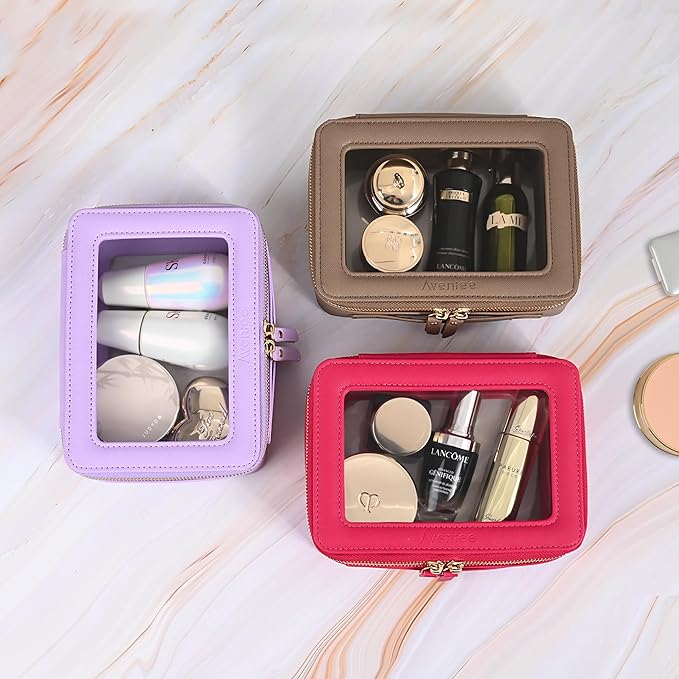 Aveniee Clear Makeup Bag for Women, Heavy Duty Make up Bag Organizer with Clear Windows & Gold Zippers (Taupe)