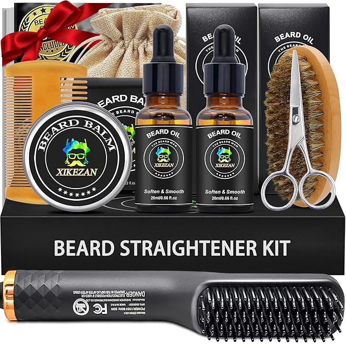 XIKEZAN Beard Kit for Men Grooming & Straightening Set,w/Beard Straightener,2 Pack Oil,Balm,Comb,Scissor,Brush,Fathers Birthday Valentines Gifts for Him Dad Men Boyfriend Christmas Stocking Stuffers