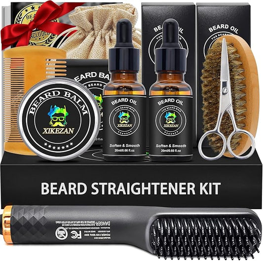 XIKEZAN Beard Kit for Men Grooming & Straightening Set,w/Beard Straightener,2 Pack Oil,Balm,Comb,Scissor,Brush,Fathers Birthday Valentines Gifts for Him Dad Men Boyfriend Christmas Stocking Stuffers