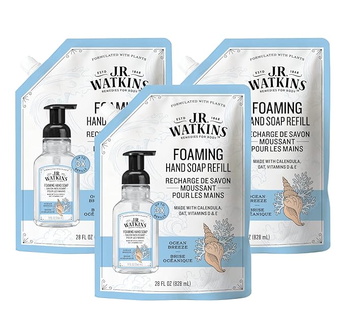J.R. Watkins Foaming Hand Soap Refill, Moisturizing Foam Hand Wash, All Natural, Alcohol-Free, Cruelty-Free, USA Made, Ocean Breeze, 28 fl oz, 3 Pack