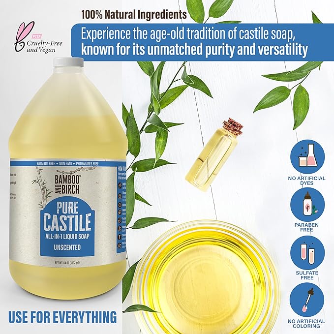 Pure Castile Soap Liquid Organic, Certified Palm Oil Free Natural Soap, Unscented, 64 oz