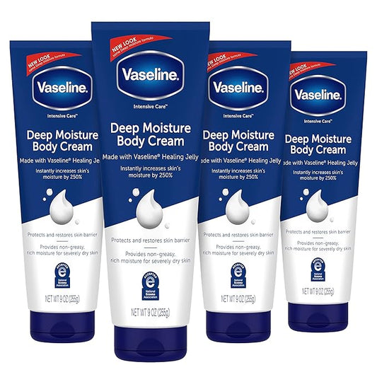Vaseline Intensive Care Body Cream Deep Moisture 4 pk with Healing Petroleum Jelly & Vitamin E Rich & Smooth for Dry Skin 9 oz