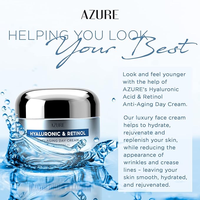 Azure Cosmetics Hyaluronic Acid Moisturizer Face Cream - Dermatologist Tested, Anti-Aging Retinol Cream for Dark Spots, Fine Lines & Wrinkles - Clean Beauty, Korean Skincare - All Skin Type - 1.69 oz