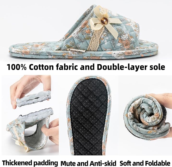 3 Pairs Floral Cotton House Slippers for Women, Open Toe Indoor Slippers Comfortable Washable Portable Foldable Guest Travel Hotel Airplane Spa Slippers