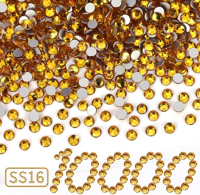 10000PCS Gold Yellow Rhinestones Bulk, Flat Back Crystal Glass Stone Round Gems,SS16, 3.8-4.0mm