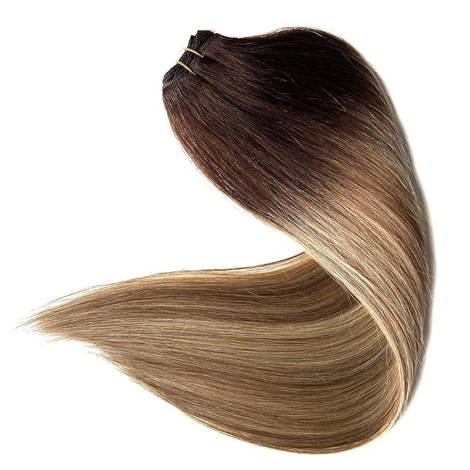 Sew in Hair Extensions Real Human Hair, 24 Inch Weft Hair Extensions Human Hair 120G Ombre Brown to Ash Brown Balayage Caramel Blonde Hand-Tied Weft Hair Extensions Weave Bundles Human Hair Extensions