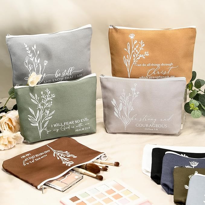 10Pcs Christian Gifts for Women Religious Cosmetic Bags Inspirational Bible Verse Pencil Pouch Canvas Makeup Bags Bulk with Zipper for Mother Sister Church Favors