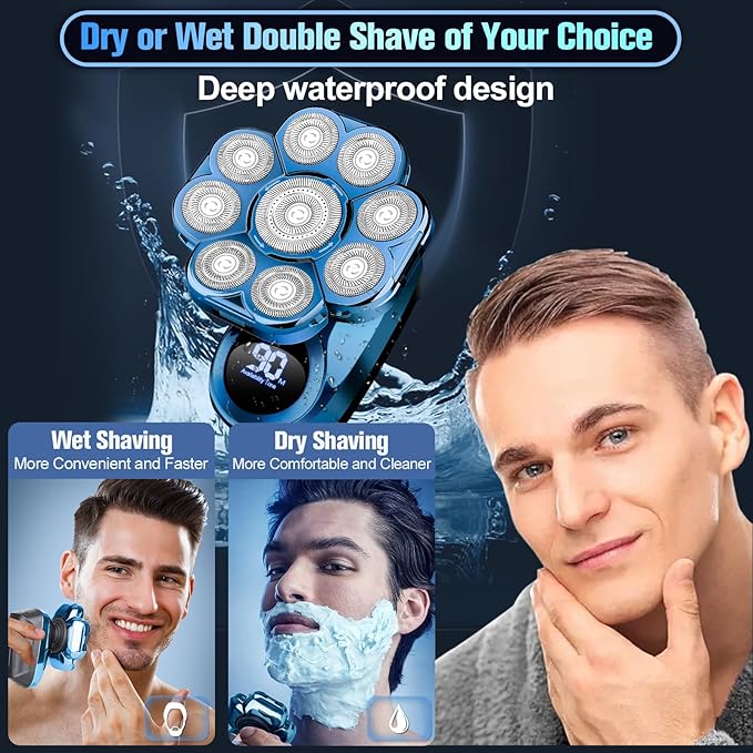9D Head Shavers for Bald Men, Electric Shaver for Men,6 in 1 Mens Grooming Kit with Nose Hair Trimmer, Beard Trimmer,Waterproof Wet/Dry Rotary Shaver,Gift for Father, Husband, Boyfriend(Blue)