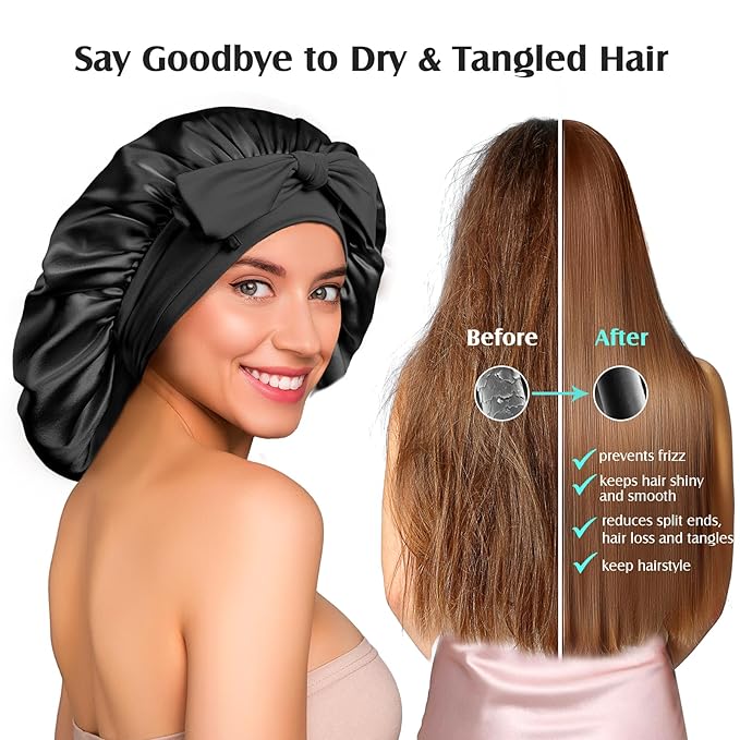 YFONG 100% 22 Momme Mulberry Silk Bonnet for Sleeping Women, Larger Double Layer Silk Hair Wrap for Curly Short Long Hair, Non-Slip Sleep Cap Turban with Elastic Tie Band for Hair Care, Black