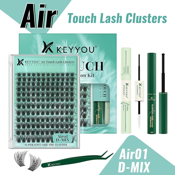 Lash Extension Kit 144pcs Air Touch Lash Clusters with Bond and Seal Lash Applicator Remover D Curl DIY Eyelash Extension Kit Easy to Apply at Home(Air01Kit-D-8-18Mix)