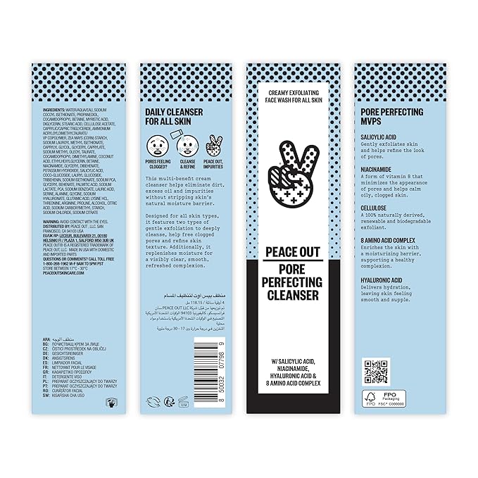 PEACE OUT Skincare Pore Perfecting Cleanser, Daily Exfoliating Face Cleanser with Salicylic Acid & Niacinamide (4 fl oz)