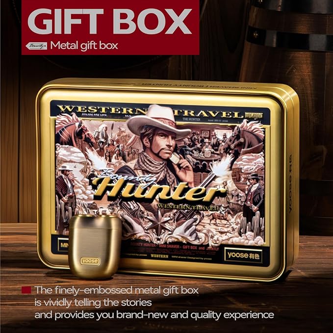 yoose Bounty Hunter Mini Shaver Gift Set, Portable Alloy Travel Shavers, Cordless Shaving, USB-C Rechargeable Electric Razor for Men, Dry Shave, IPX7 Waterproof, Easy Cleaning, Battery Indicator, Gold