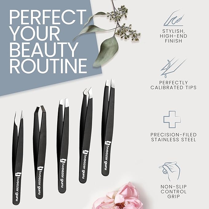 Tweezers Set 5-piece - Tweezer Guru Stainless Steel Slant Tip and Pointed Eyebrow Tweezer Set - Great Precision for Facial Hair, Ingrown Hair, Splinter and Blackhead Remover (Black) (5-Pack)