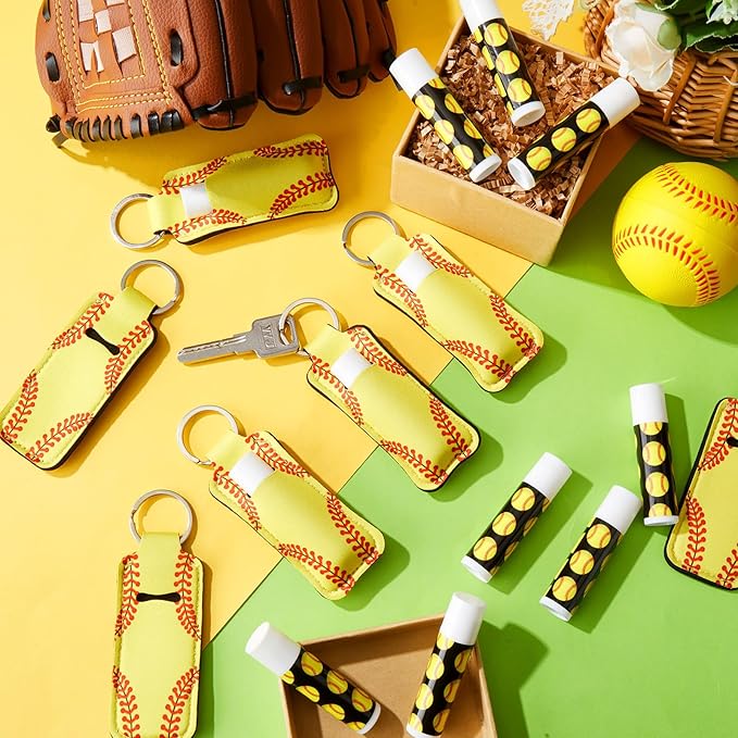 18 Sets Party Favors Lip Balm and Lipstick Holder Keychain Bulk Sport Ball Team Gifts Natural Moisturizing Lip Balm Keychains Pouch for Team Gifts Sports Party Supplies(Softball)