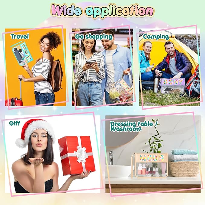 Abbylike 6 Pcs Chenille Letter Clear Zipper Pouch Summer Waterproof Cosmetic Pouch Travel Gym Beach Hawaii Bag Travel Patch Purse Makeup Letter Bag for Women Girls, 6 Colors(Light Colors,Classic)