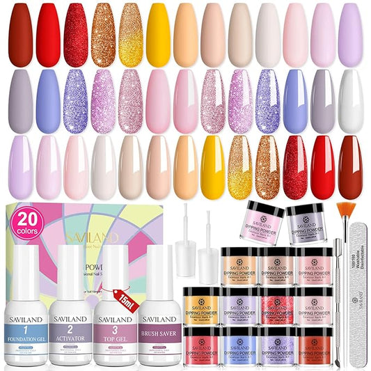 Saviland 31 PCS Dip Powder Nail Kit Starter: 20 Colors Giltter Red Nail Dip Powder Kit with Base Top Coat Activator Dip Powder Kit for French Nail Art Manicure DIY Salon