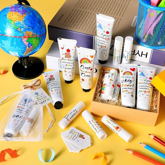 48 Set Teacher Appreciation Gifts Lip Balm Hand Cream Thank You Gifts with Cards Organza Bags Travel Size Moisturizing Hand Lotion for Dry Crack Hand Teachers' Day