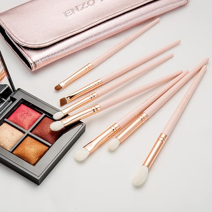 Natural Goat Hair Eye Shadow Brush Set, ENZO KEN Fluffy Blending Eyeshadow Brush Set with Case, Small Nose Contour Brush, Natural Hair Eyeshadow Brushes, Eye Brush, Eyeshadow Blending Brush. Pink,E400