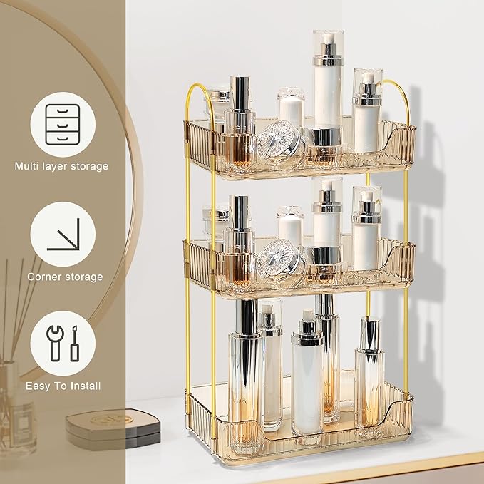 Bathroom Counter Organizer Countertop Storage Skincare Countertop Makeup Organizer Cosmetics Skincare Organizers Holder for Perfume-Amber-Golden Pole-3 Tier