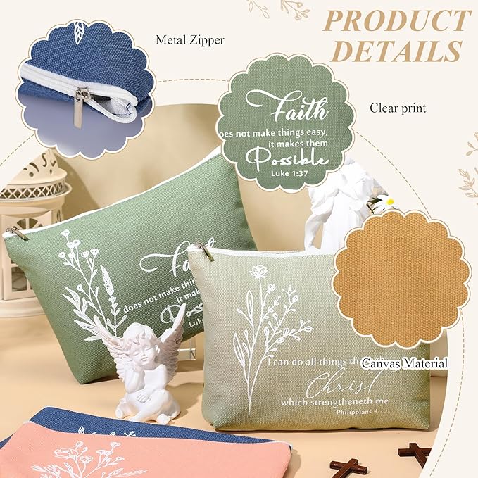 10Pcs Christian Gifts for Women Religious Cosmetic Bags Inspirational Bible Verse Pencil Pouch Canvas Makeup Bags Bulk with Zipper for Mother Sister Church Favors