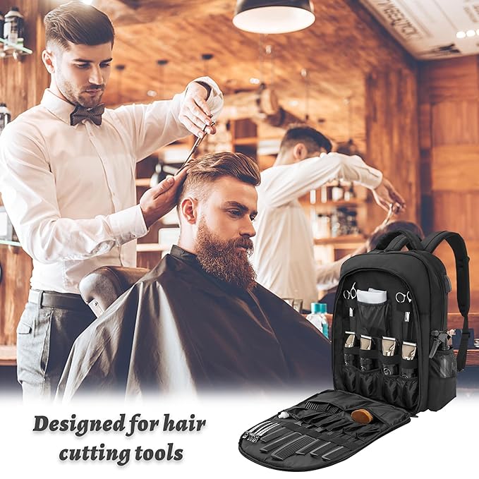 Barber Supplies Bag, Portable Backpack Bag for Clippers and Supplies, Travel Hairstylist Clipper Organizer Bag for Barber Tools with USB Port