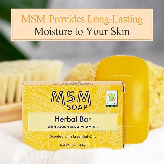 At Last Naturals MSM Soap Bar Body Soap for Women Fine Line and Wrinkle Reduction Herbal Moisturizer with Aloe Vera Vitamin E and Essential Oils Deep Cleansing for Sensitive Skin 3 Ounce (Pack of 3)