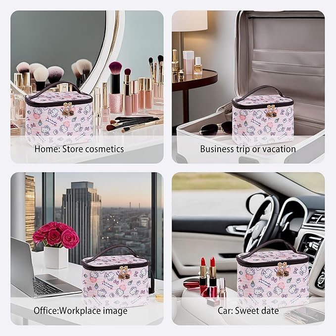 AmBealla Cosmetic Bag Large Makeup Bags Pink Travel Case with Makeup Brush Holder,Cosmetic Organizer for Women, Toiletry Bag for Skincare & Beauty Tools Sweet Cute for Girls