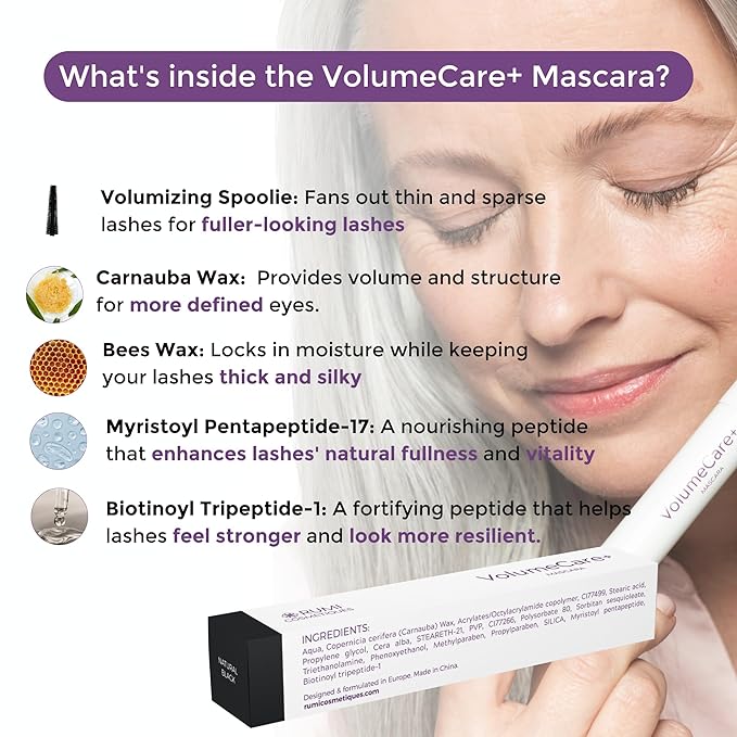 VolumeCare+ Mascara For Older Women - Extreme Length and Volume 2-in-1 Formula - No Clumps, Long-Wearing, Hypoallergenic Mascara For Sensitive Eyes (Natural Black)