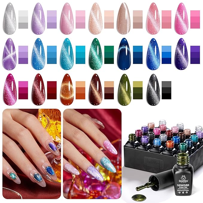 Beetles 20 Colors Cat Eye Gel Nail Polish Set with Base Gel and Matte Glossy Top Coat, Nude Pink Green Blue Nail Polish Lush Velvet with Magnet Soak Off LED Manicure Salon DIY Art Gifts for Women