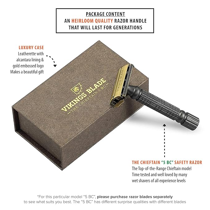 VIKINGS BLADE Double Edge Safety Razor for Men + 5 Swedish Steel Blades + Luxury Case. Smooth, Reusable, Recyclable (Chieftain “5 BC”)