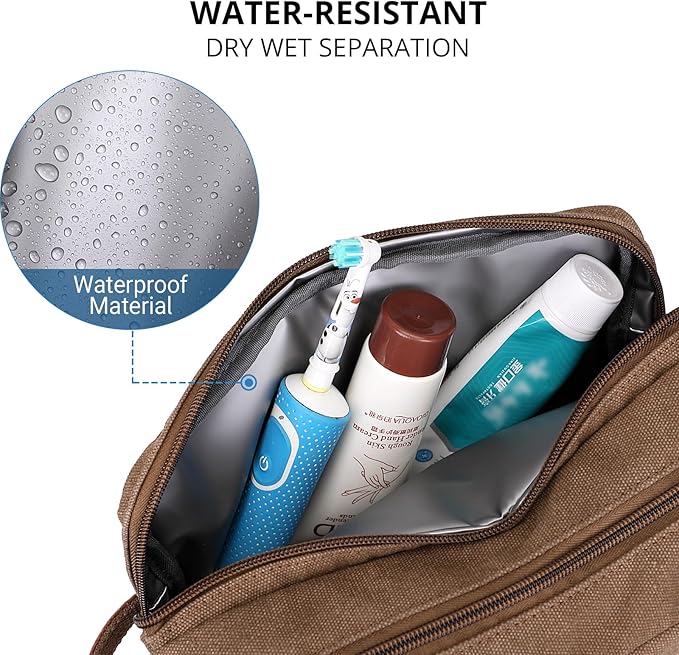 WITZMAN Canvas Toiletry Bag for Men Hanging Dopp Kit Organizer Water-resistant Travel Toiletries bag Men Bathroom Bag with Wet Pocket(A8001 Brown)