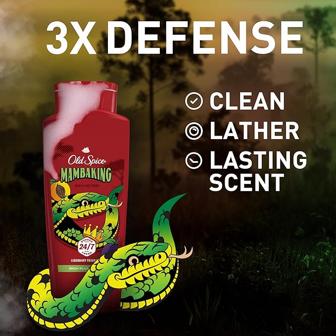 Old Spice Cleansing Body Wash for Men, 3X Defense, 24/7 Shower Fresh with Lasting Scent, 2-in-1 Body & Face Wash, MambaKing with Rich Plum Scent, 24 oz (Pack of 4)